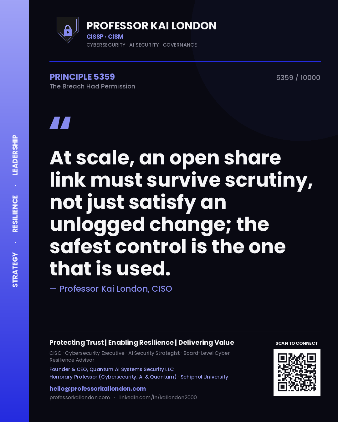 Professor Kai London principle 5359: At scale, an open share link must survive scrutiny, not just satisfy an unlogged change; the safest control is the one that is used.