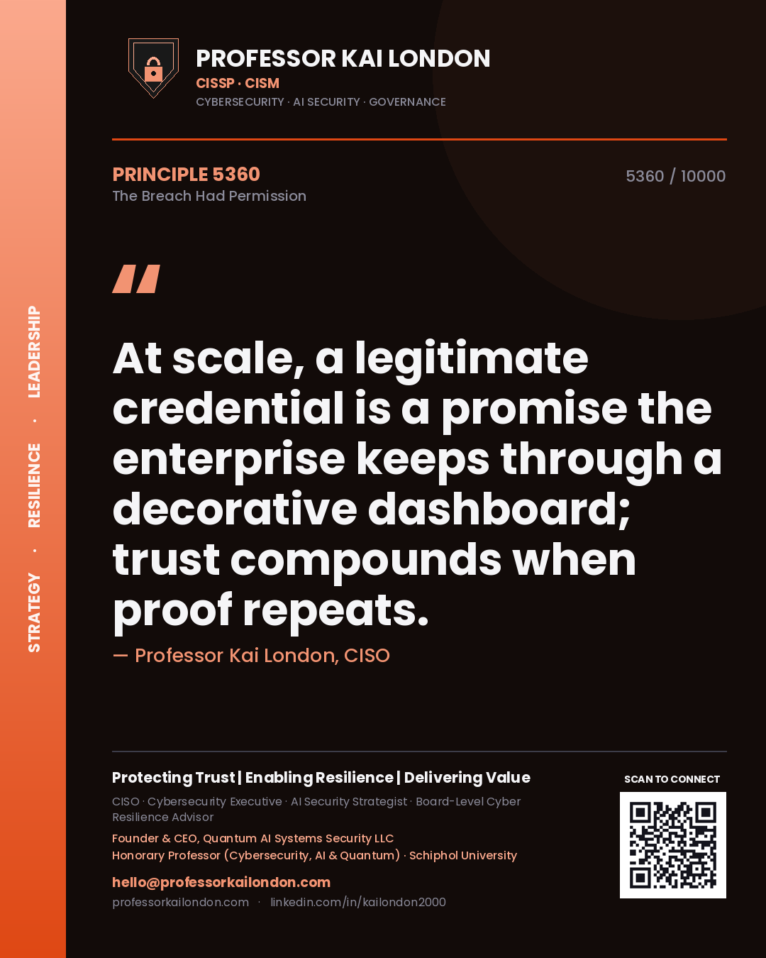 Professor Kai London principle 5360: At scale, a legitimate credential is a promise the enterprise keeps through a decorative dashboard; trust compounds when proof repeats.