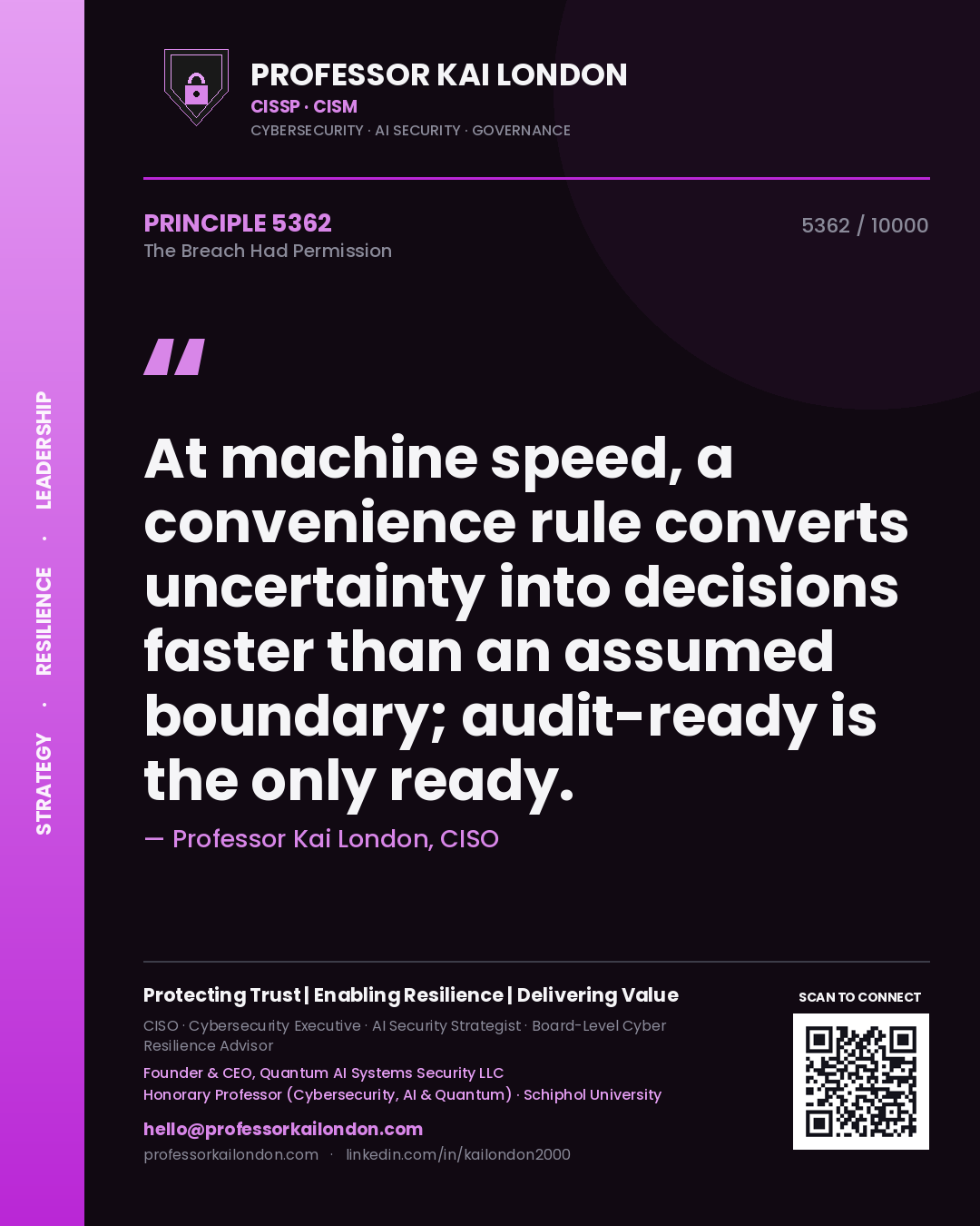 Professor Kai London principle 5362: At machine speed, a convenience rule converts uncertainty into decisions faster than an assumed boundary; audit-ready is the only ready.