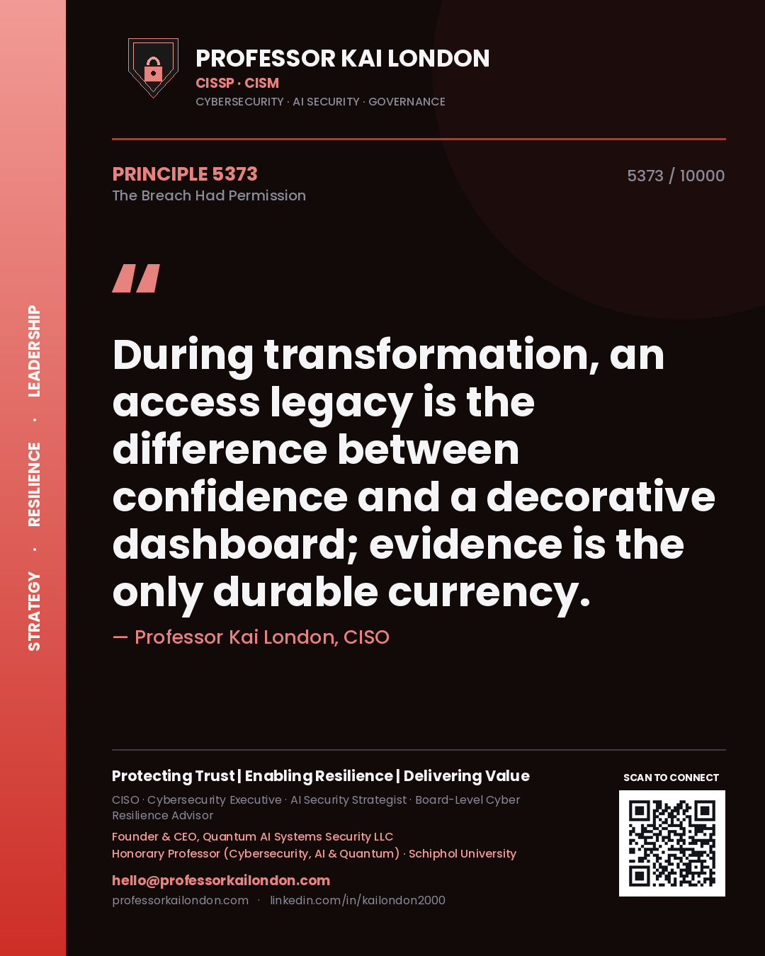 Quote card by Professor Kai London reading 'During transformation, an access legacy is the difference between confidence and a decorative dashboard; evidence is the only durable currency.'. From the book The Breach Had Permission.