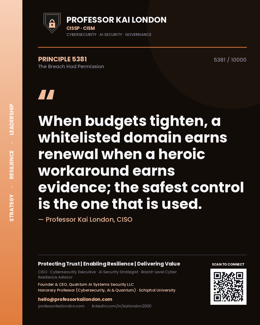 Quote card by Professor Kai London reading 'When budgets tighten, a whitelisted domain earns renewal when a heroic workaround earns evidence; the safest control is the one that is used.'. From the book The Breach Had Permission.