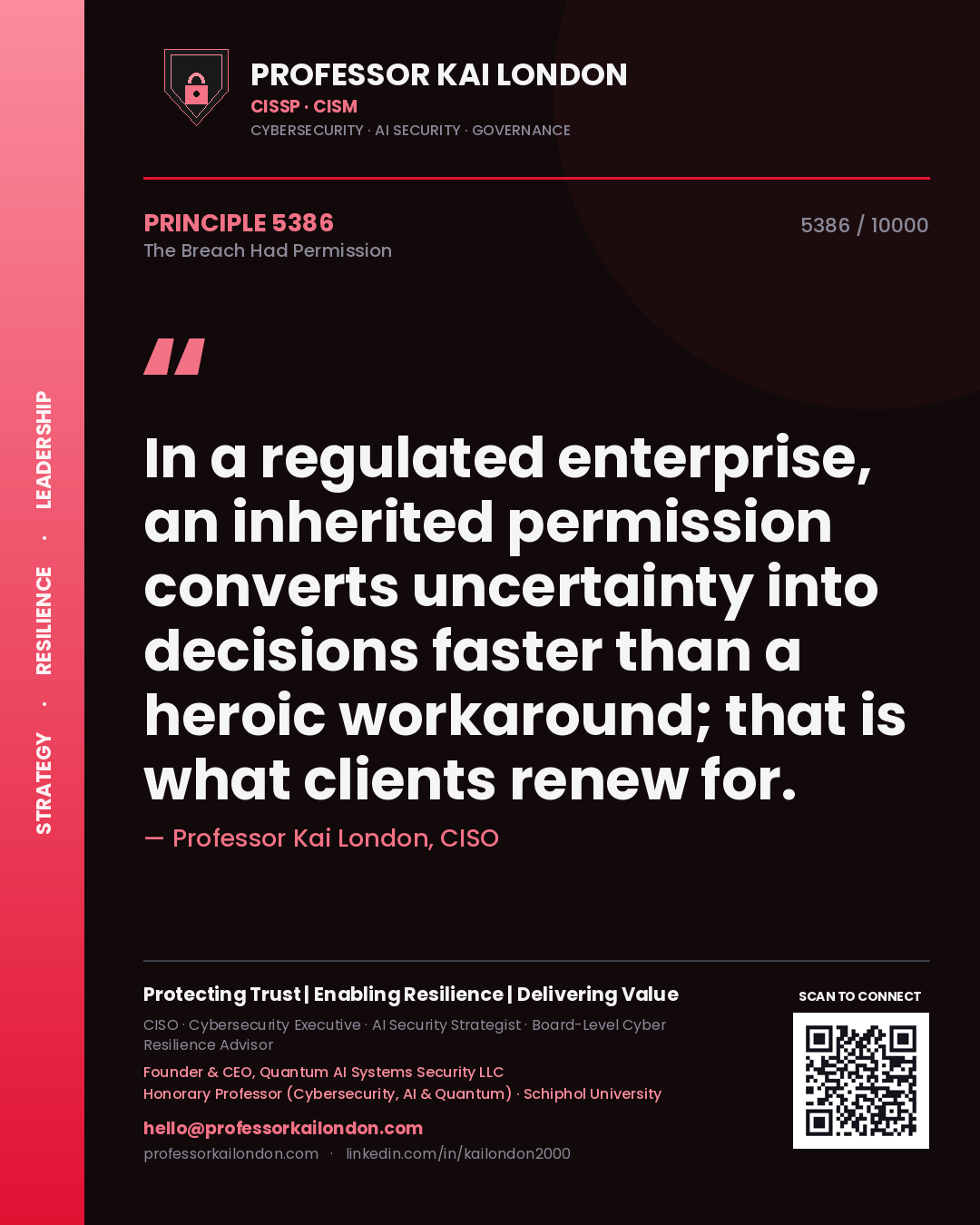 Quote card by Professor Kai London reading 'In a regulated enterprise, an inherited permission converts uncertainty into decisions faster than a heroic workaround; that is what clients renew for.'. From the book The Breach Had Permission.