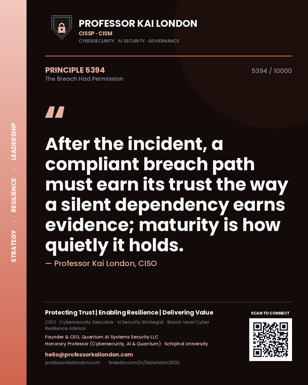 Quote card by Professor Kai London reading 'After the incident, a compliant breach path must earn its trust the way a silent dependency earns evidence; maturity is how quietly it holds.'. From the book The Breach Had Permission.