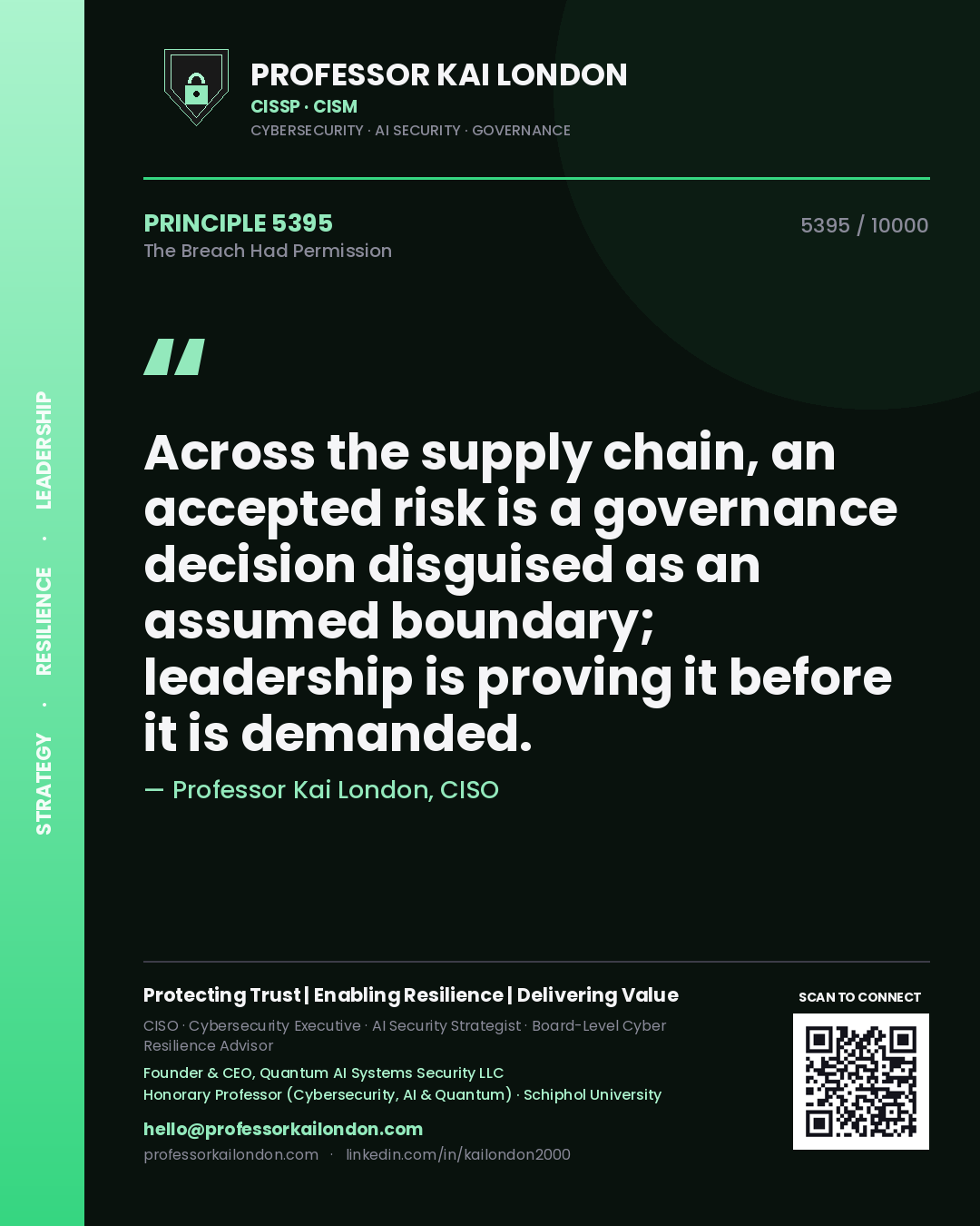 Quote card by Professor Kai London reading 'Across the supply chain, an accepted risk is a governance decision disguised as an assumed boundary; leadership is proving it before it is demanded.'. From the book The Breach Had Permission.