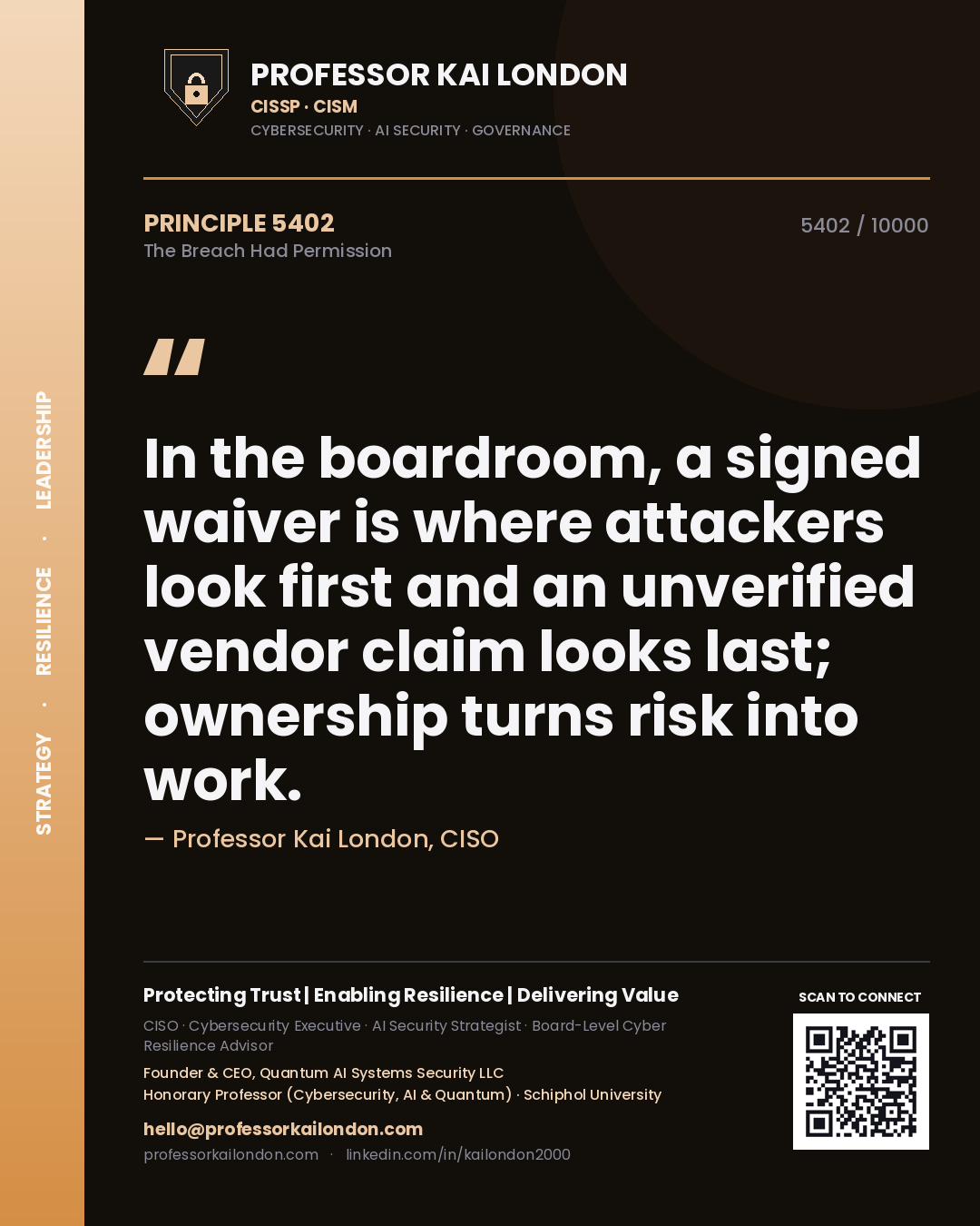 Quote card by Professor Kai London reading 'In the boardroom, a signed waiver is where attackers look first and an unverified vendor claim looks last; ownership turns risk into work.'. From the book The Breach Had Permission.