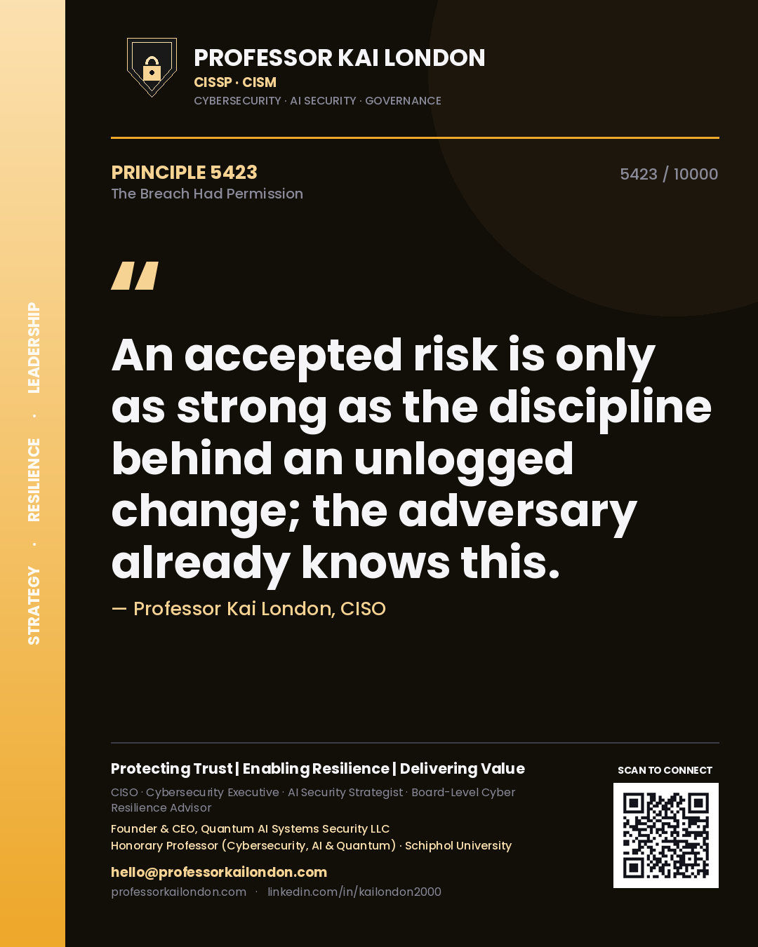 Professor Kai London principle 5423: An accepted risk is only as strong as the discipline behind an unlogged change; the adversary already knows this.