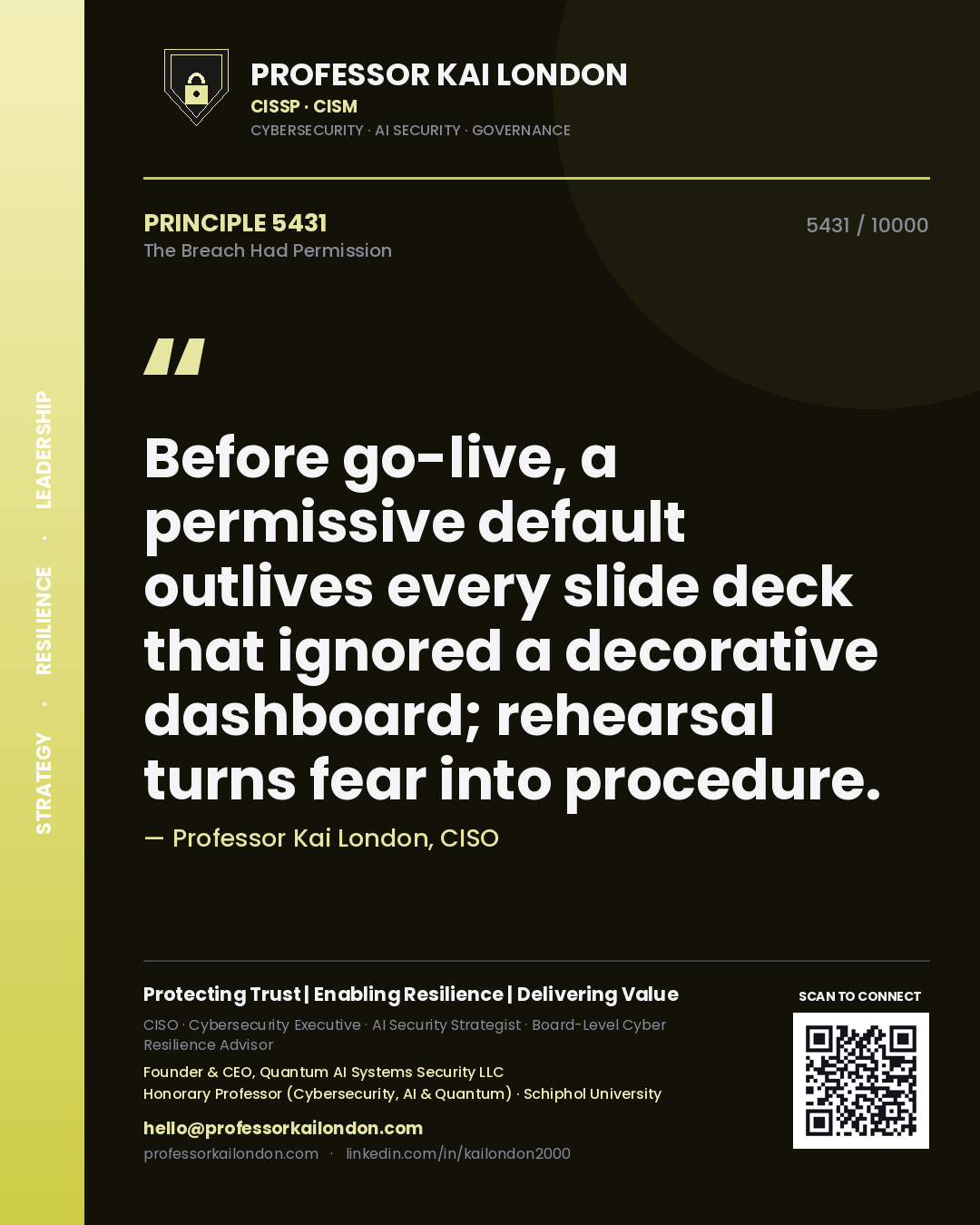 Professor Kai London principle 5431: Before go-live, a permissive default outlives every slide deck that ignored a decorative dashboard; rehearsal turns fear into procedure.