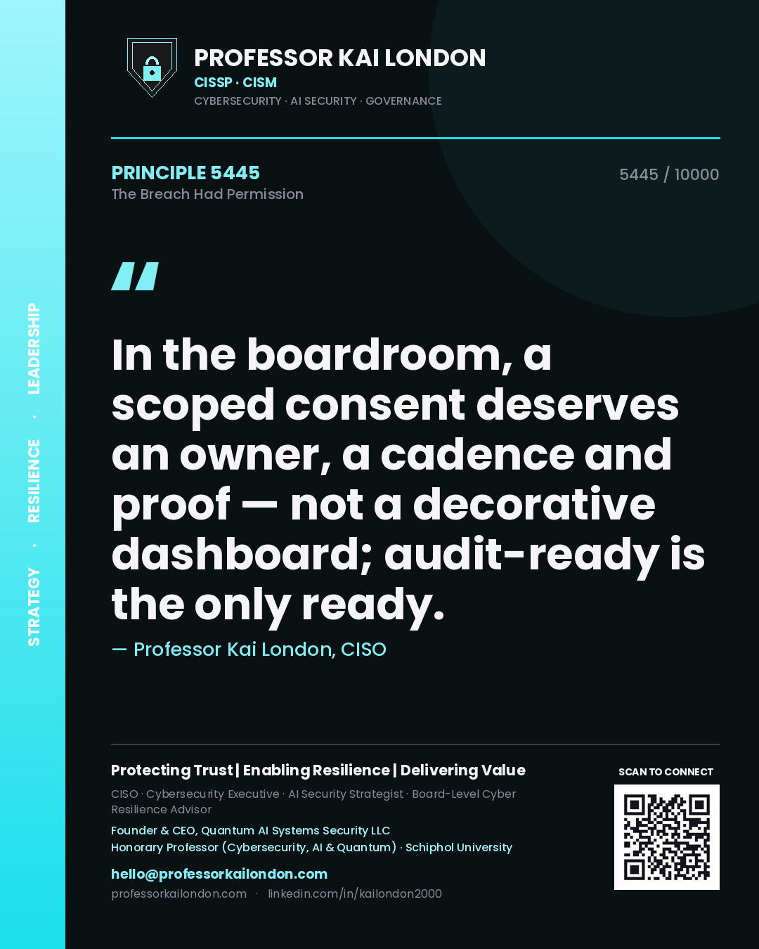 Professor Kai London principle 5445: In the boardroom, a scoped consent deserves an owner, a cadence and proof — not a decorative dashboard; audit-ready is the only ready.