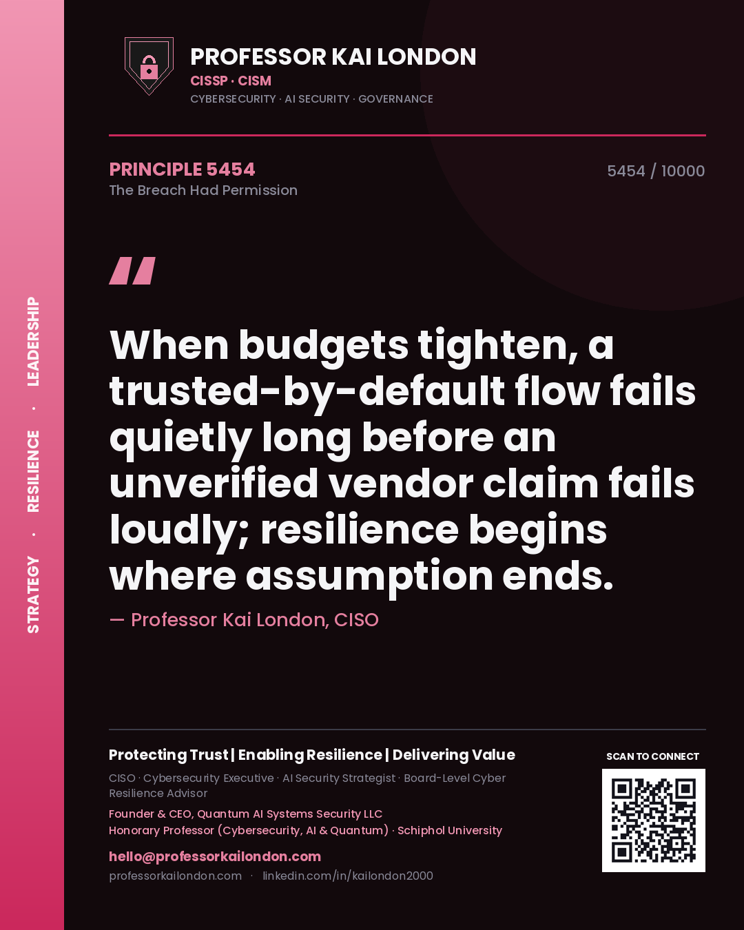Professor Kai London principle 5454: When budgets tighten, a trusted-by-default flow fails quietly long before an unverified vendor claim fails loudly; resilience begins where assumption ends.