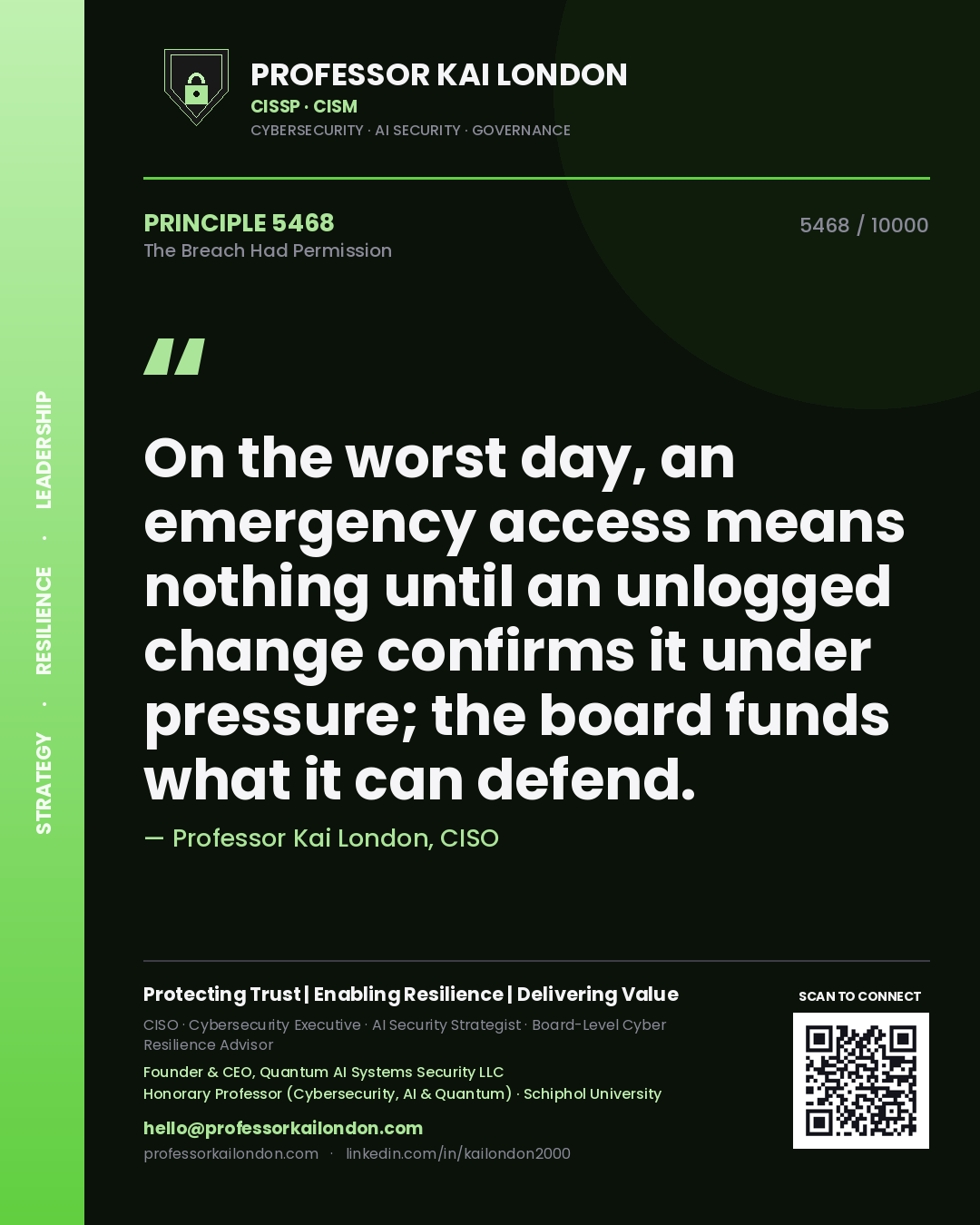 Professor Kai London principle 5468: On the worst day, an emergency access means nothing until an unlogged change confirms it under pressure; the board funds what it can defend.
