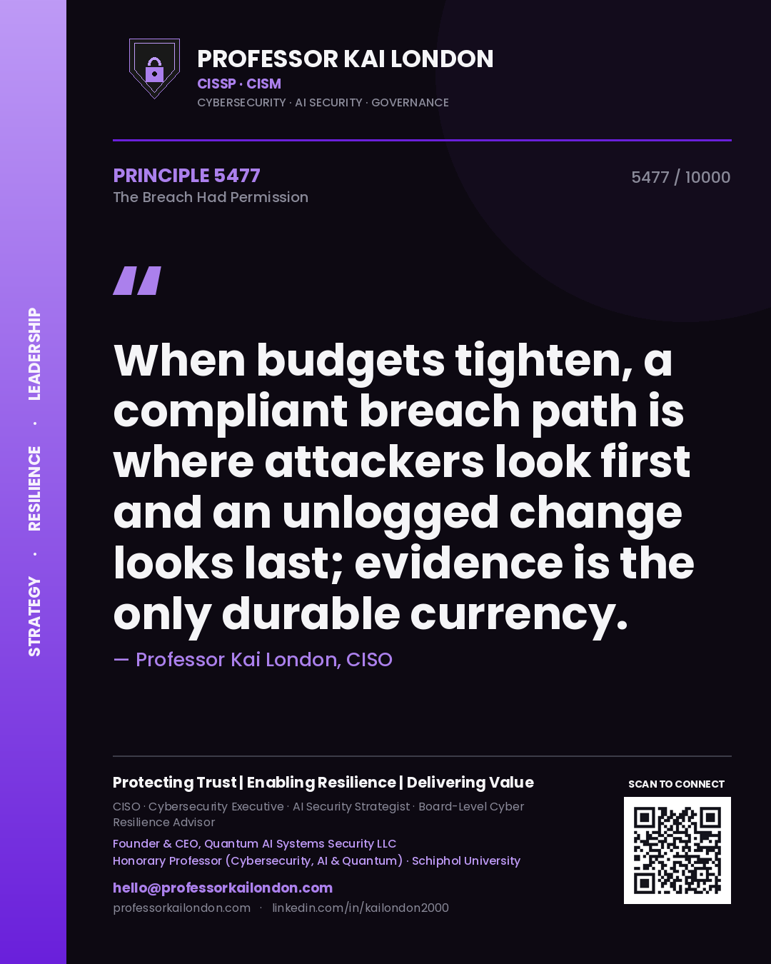 Quote card by Professor Kai London reading 'When budgets tighten, a compliant breach path is where attackers look first and an unlogged change looks last; evidence is the only durable currency.'. From the book The Breach Had Permission.