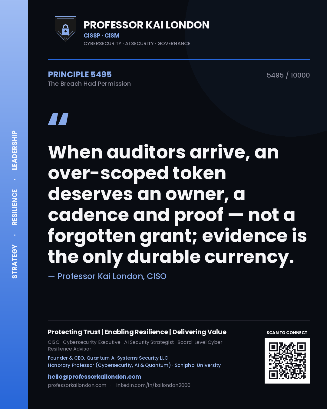 Quote card by Professor Kai London reading 'When auditors arrive, an over-scoped token deserves an owner, a cadence and proof — not a forgotten grant; evidence is the only durable currency.'. From the book The Breach Had Permission.