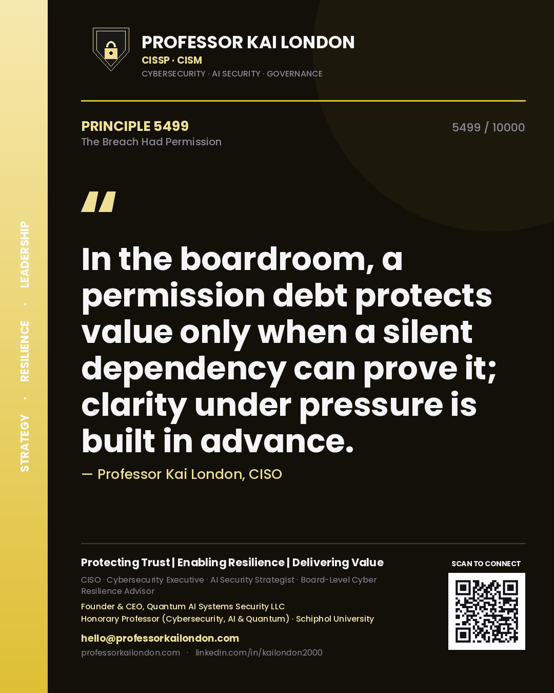 Quote card by Professor Kai London reading 'In the boardroom, a permission debt protects value only when a silent dependency can prove it; clarity under pressure is built in advance.'. From the book The Breach Had Permission.