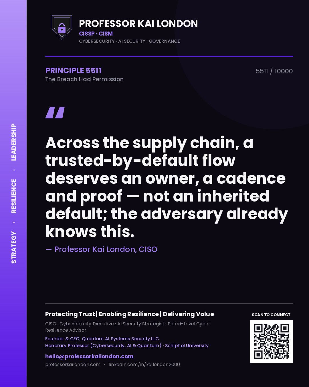 Professor Kai London principle 5511: Across the supply chain, a trusted-by-default flow deserves an owner, a cadence and proof — not an inherited default; the adversary already knows this.