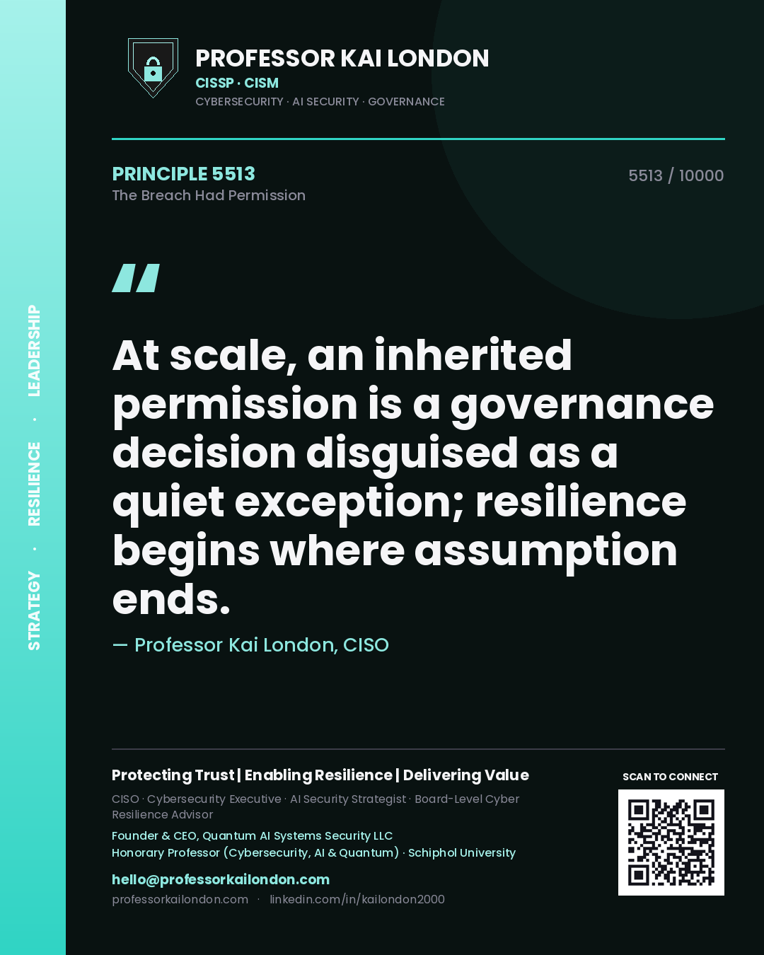 Professor Kai London principle 5513: At scale, an inherited permission is a governance decision disguised as a quiet exception; resilience begins where assumption ends.