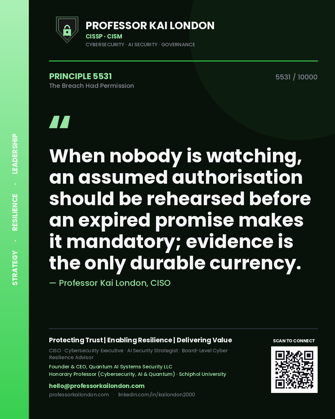 Quote card by Professor Kai London reading 'When nobody is watching, an assumed authorisation should be rehearsed before an expired promise makes it mandatory; evidence is the only durable currency.'. From the book The Breach Had Permission.