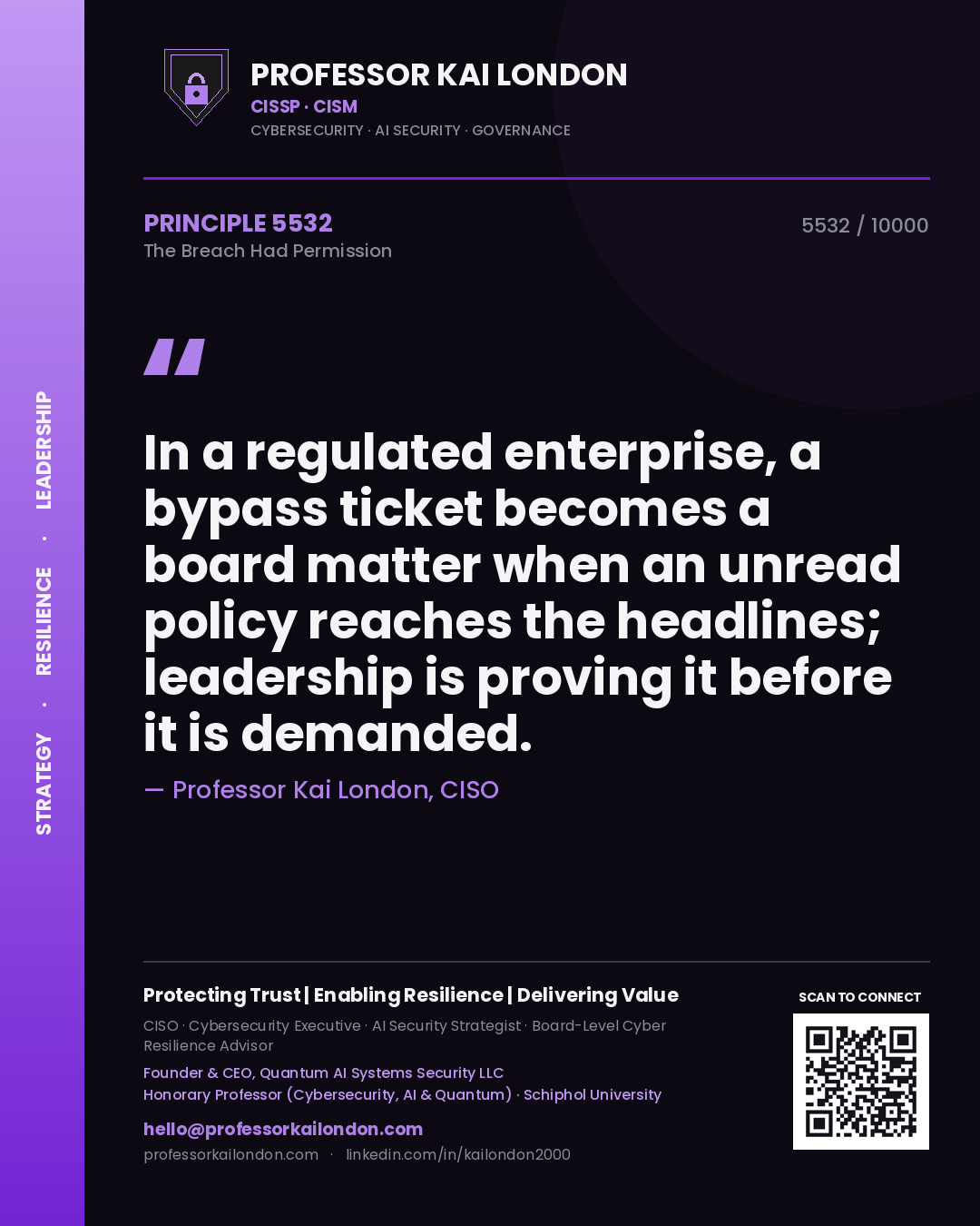 Professor Kai London principle 5532: In a regulated enterprise, a bypass ticket becomes a board matter when an unread policy reaches the headlines; leadership is proving it before it is demanded.