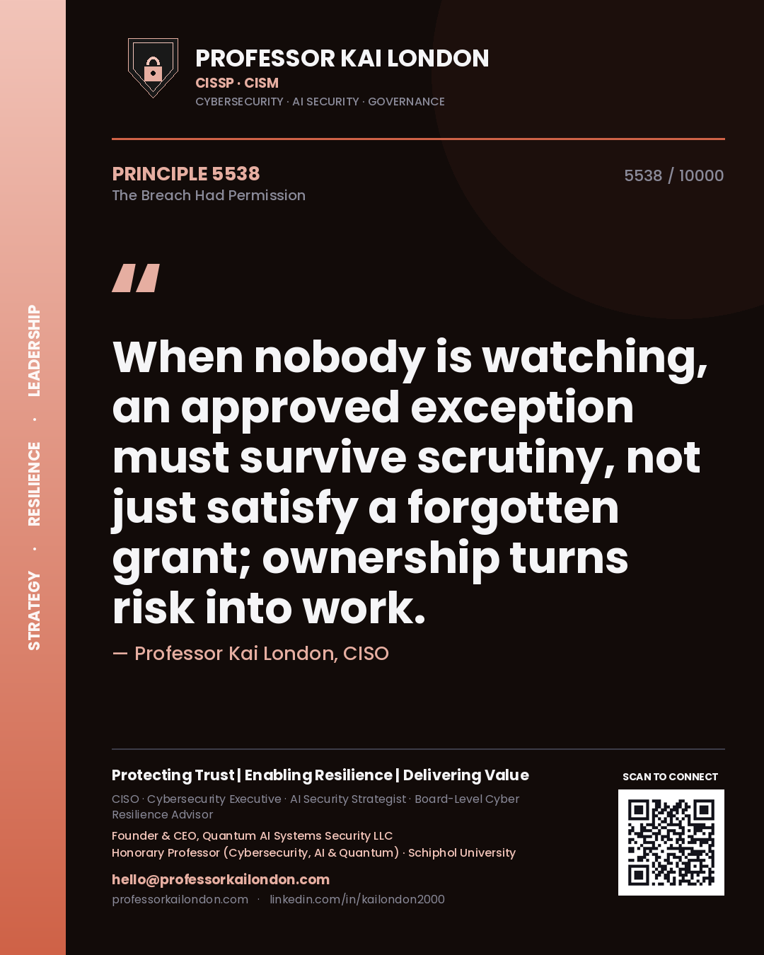 Professor Kai London principle 5538: When nobody is watching, an approved exception must survive scrutiny, not just satisfy a forgotten grant; ownership turns risk into work.