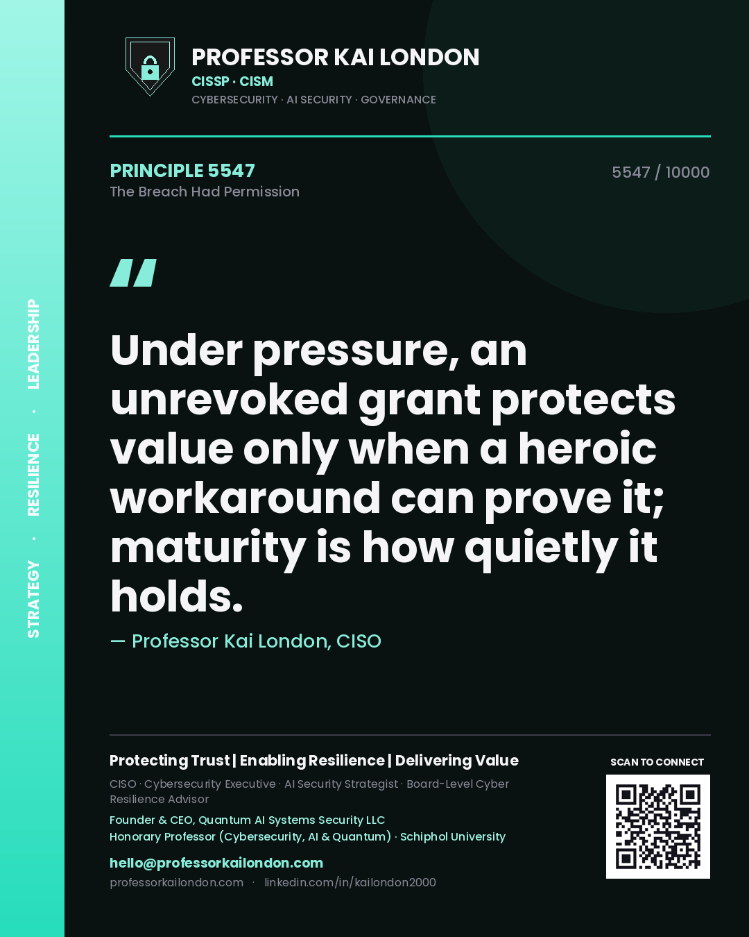 Quote card by Professor Kai London reading 'Under pressure, an unrevoked grant protects value only when a heroic workaround can prove it; maturity is how quietly it holds.'. From the book The Breach Had Permission.
