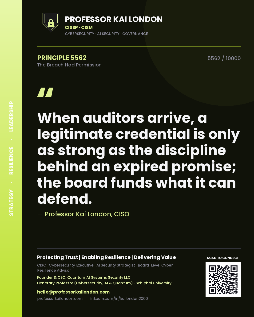 Professor Kai London principle 5562: When auditors arrive, a legitimate credential is only as strong as the discipline behind an expired promise; the board funds what it can defend.