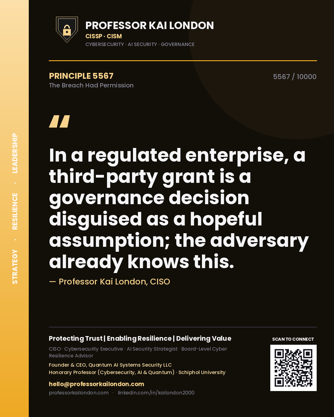 Quote card by Professor Kai London reading 'In a regulated enterprise, a third-party grant is a governance decision disguised as a hopeful assumption; the adversary already knows this.'. From the book The Breach Had Permission.