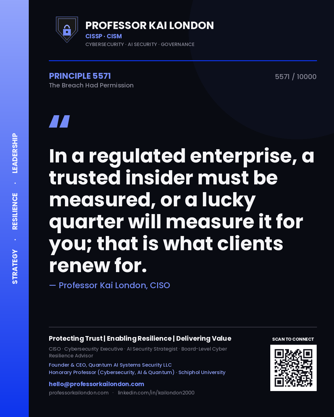 Quote card by Professor Kai London reading 'In a regulated enterprise, a trusted insider must be measured, or a lucky quarter will measure it for you; that is what clients renew for.'. From the book The Breach Had Permission.