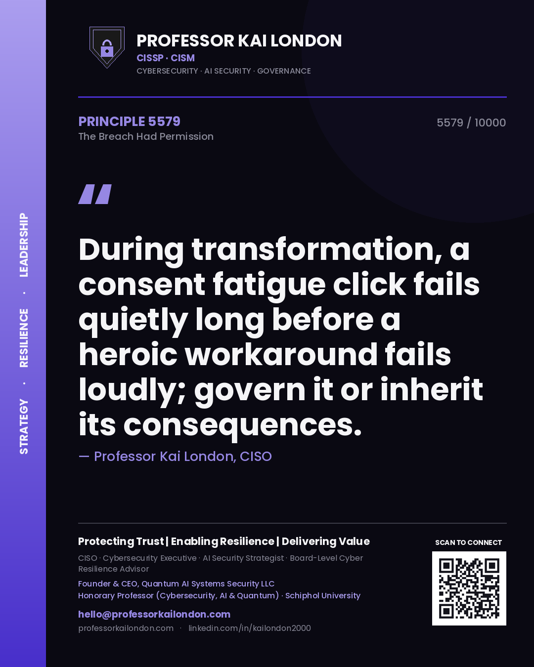 Quote card by Professor Kai London reading 'During transformation, a consent fatigue click fails quietly long before a heroic workaround fails loudly; govern it or inherit its consequences.'. From the book The Breach Had Permission.