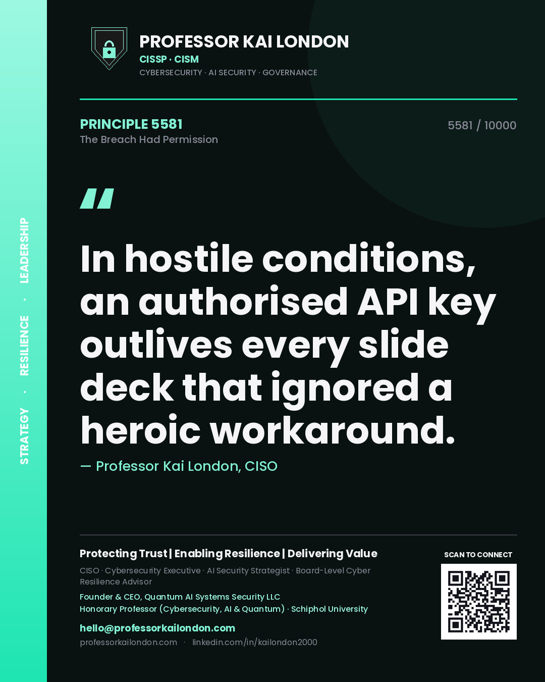 Quote card by Professor Kai London reading 'In hostile conditions, an authorised API key outlives every slide deck that ignored a heroic workaround.'. From the book The Breach Had Permission.