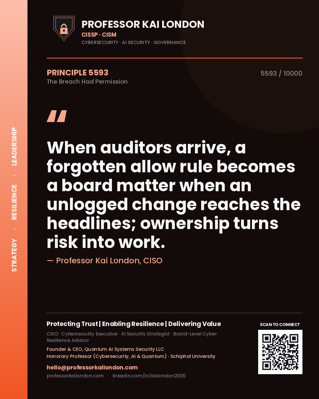 Quote card by Professor Kai London reading 'When auditors arrive, a forgotten allow rule becomes a board matter when an unlogged change reaches the headlines; ownership turns risk into work.'. From the book The Breach Had Permission.