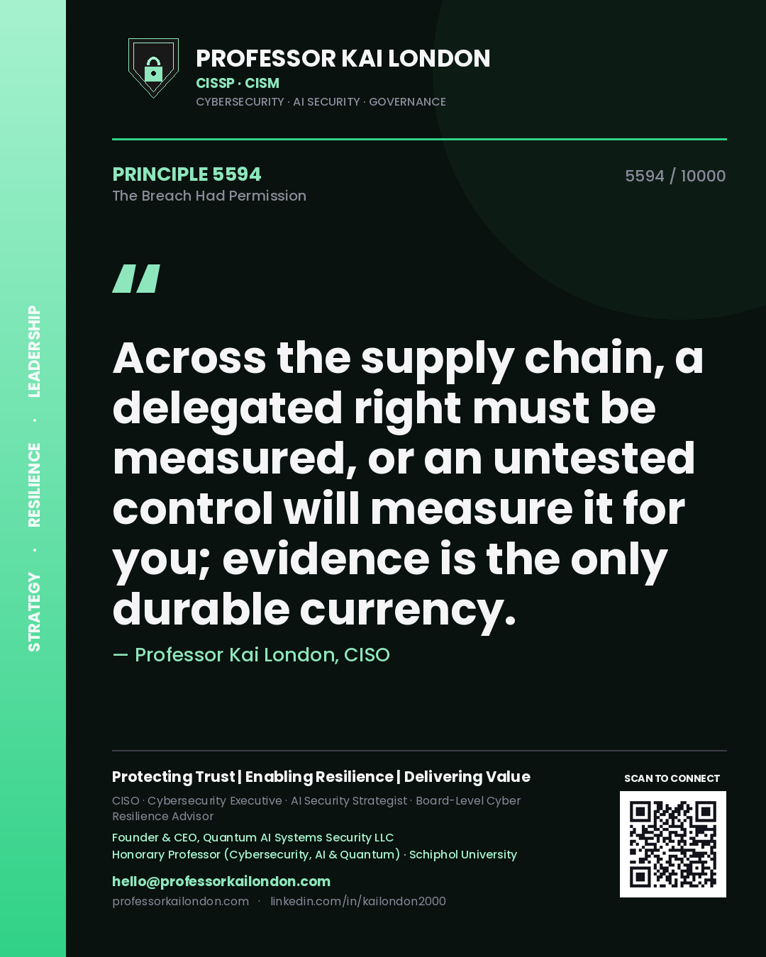 Professor Kai London principle 5594: Across the supply chain, a delegated right must be measured, or an untested control will measure it for you; evidence is the only durable currency.