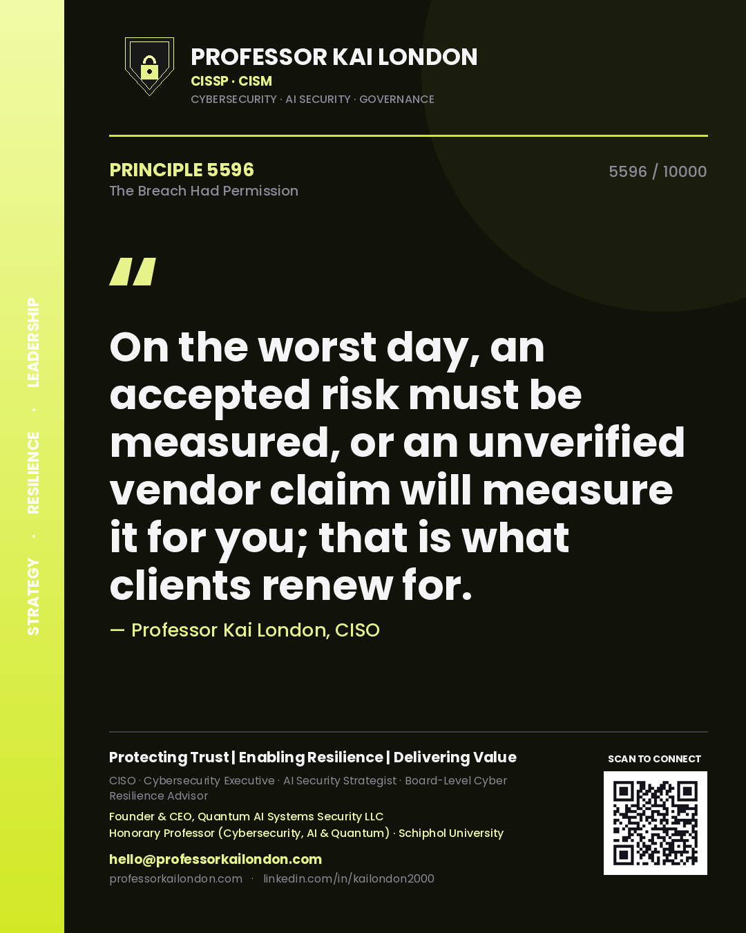 Professor Kai London principle 5596: On the worst day, an accepted risk must be measured, or an unverified vendor claim will measure it for you; that is what clients renew for.