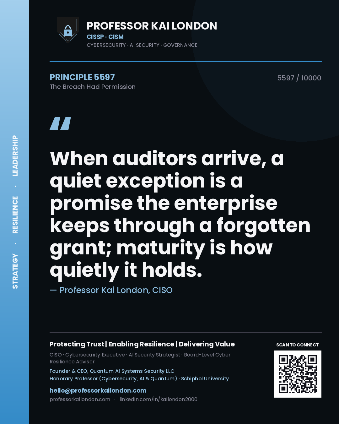 Quote card by Professor Kai London reading 'When auditors arrive, a quiet exception is a promise the enterprise keeps through a forgotten grant; maturity is how quietly it holds.'. From the book The Breach Had Permission.