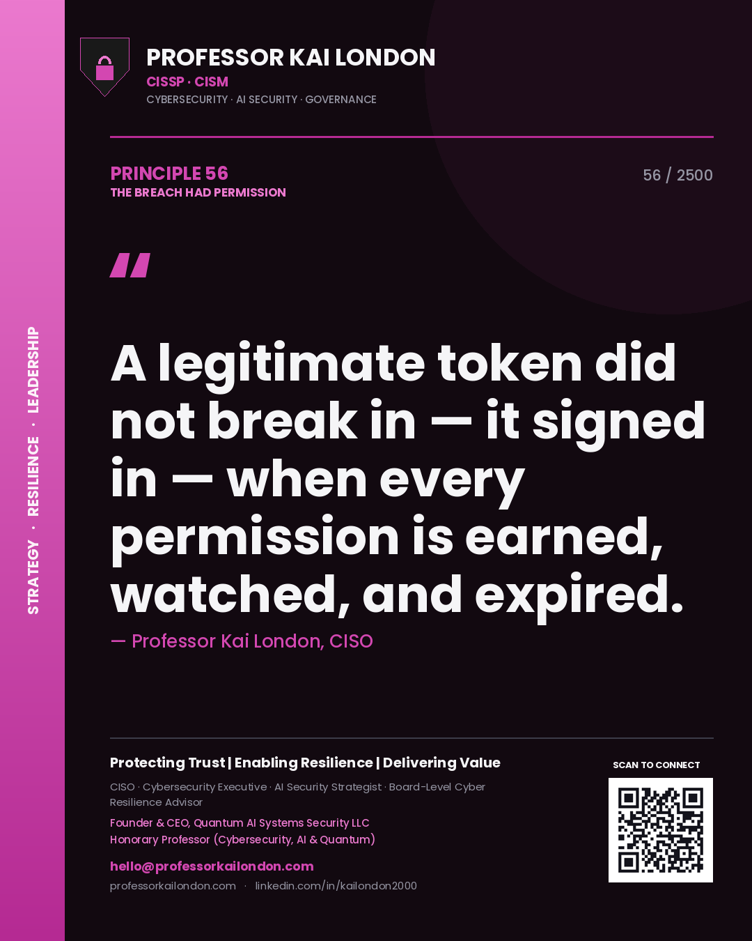 Professor Kai London principle 56: A legitimate token did not break in — it signed in — when every permission is earned, watched, and expired.