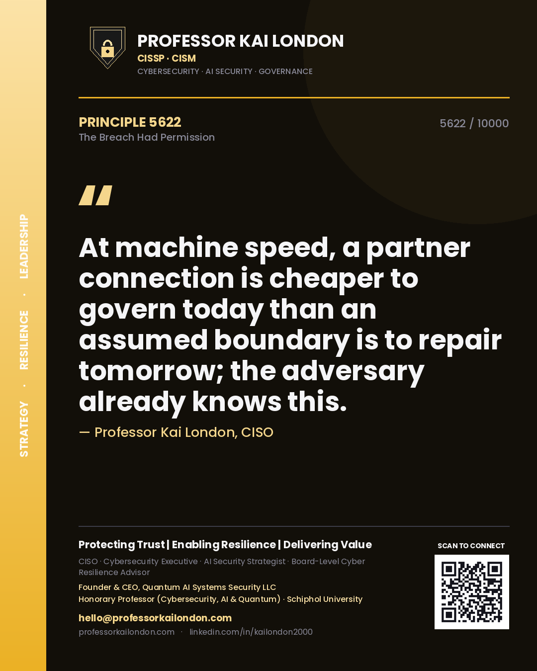 Professor Kai London principle 5622: At machine speed, a partner connection is cheaper to govern today than an assumed boundary is to repair tomorrow; the adversary already knows this.