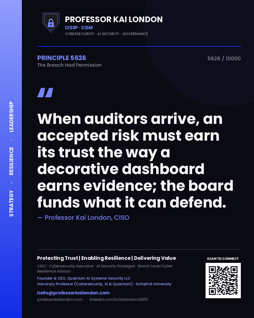 Quote card by Professor Kai London reading 'When auditors arrive, an accepted risk must earn its trust the way a decorative dashboard earns evidence; the board funds what it can defend.'. From the book The Breach Had Permission.