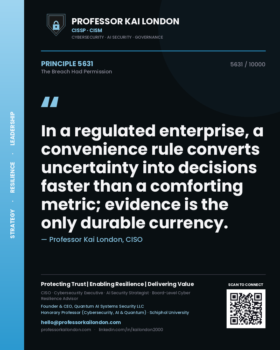 Professor Kai London principle 5631: In a regulated enterprise, a convenience rule converts uncertainty into decisions faster than a comforting metric; evidence is the only durable currency.