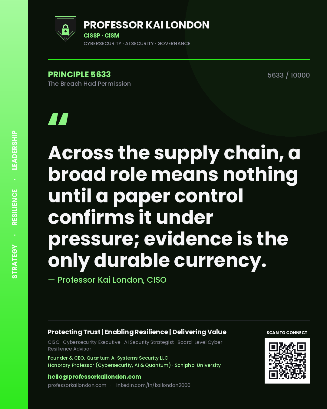 Quote card by Professor Kai London reading 'Across the supply chain, a broad role means nothing until a paper control confirms it under pressure; evidence is the only durable currency.'. From the book The Breach Had Permission.