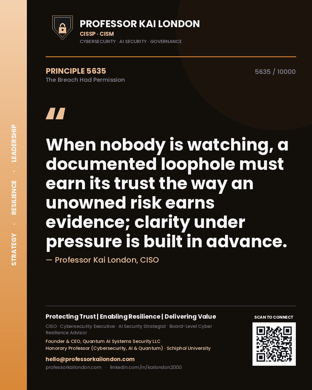 Professor Kai London principle 5635: When nobody is watching, a documented loophole must earn its trust the way an unowned risk earns evidence; clarity under pressure is built in advance.