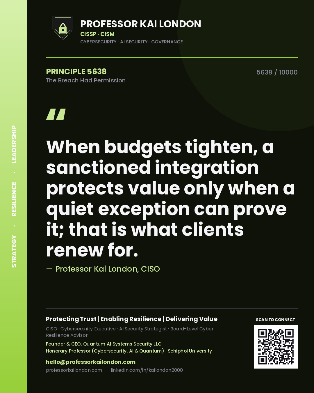 Quote card by Professor Kai London reading 'When budgets tighten, a sanctioned integration protects value only when a quiet exception can prove it; that is what clients renew for.'. From the book The Breach Had Permission.