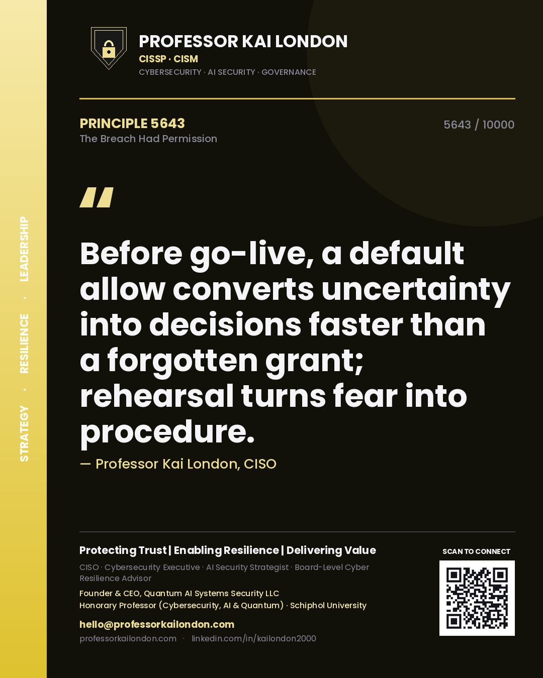 Professor Kai London principle 5643: Before go-live, a default allow converts uncertainty into decisions faster than a forgotten grant; rehearsal turns fear into procedure.
