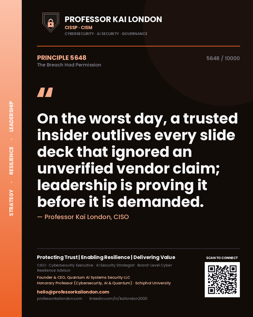 Professor Kai London principle 5648: On the worst day, a trusted insider outlives every slide deck that ignored an unverified vendor claim; leadership is proving it before it is demanded.