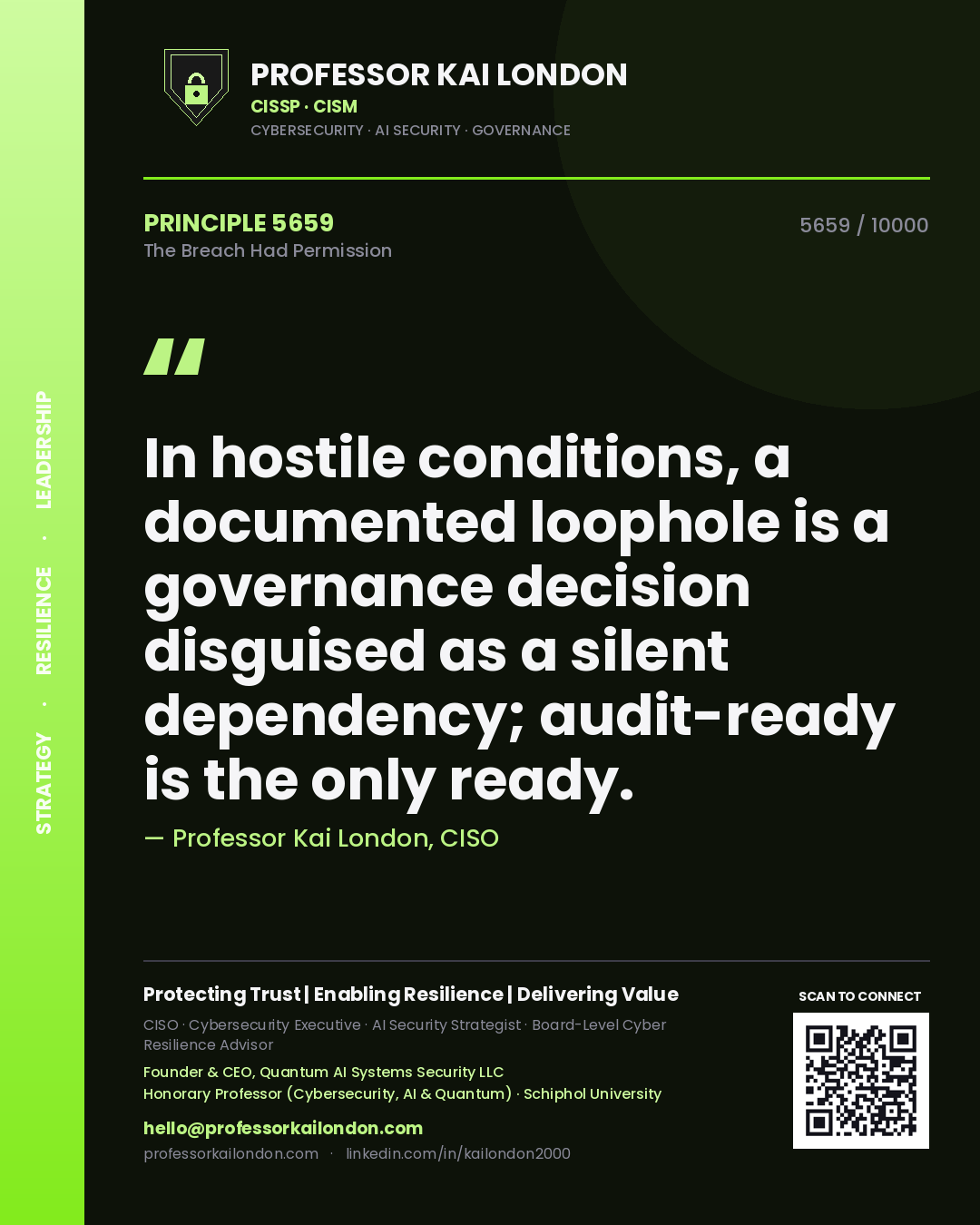 Professor Kai London principle 5659: In hostile conditions, a documented loophole is a governance decision disguised as a silent dependency; audit-ready is the only ready.