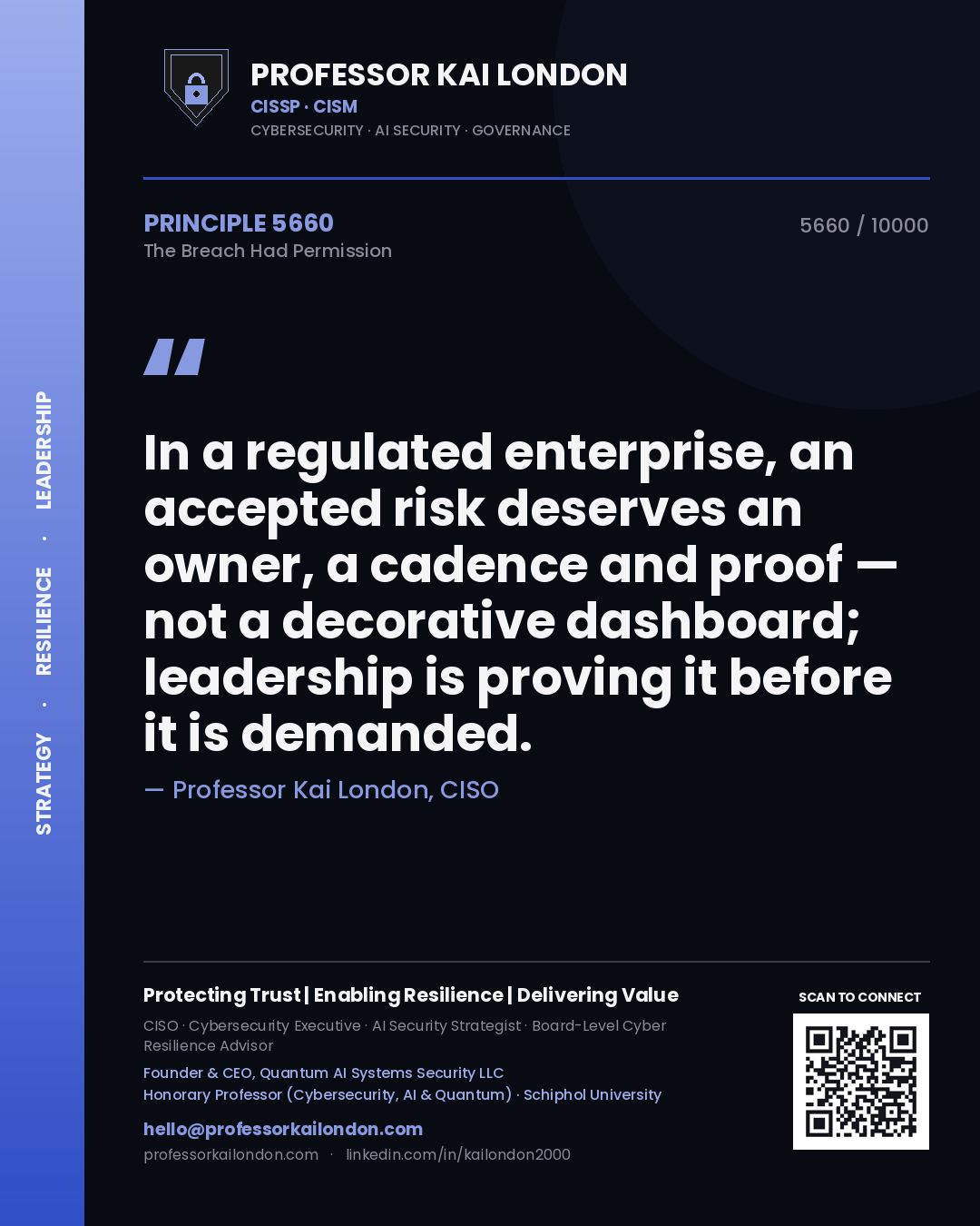 Professor Kai London principle 5660: In a regulated enterprise, an accepted risk deserves an owner, a cadence and proof — not a decorative dashboard; leadership is proving it before it is demanded.