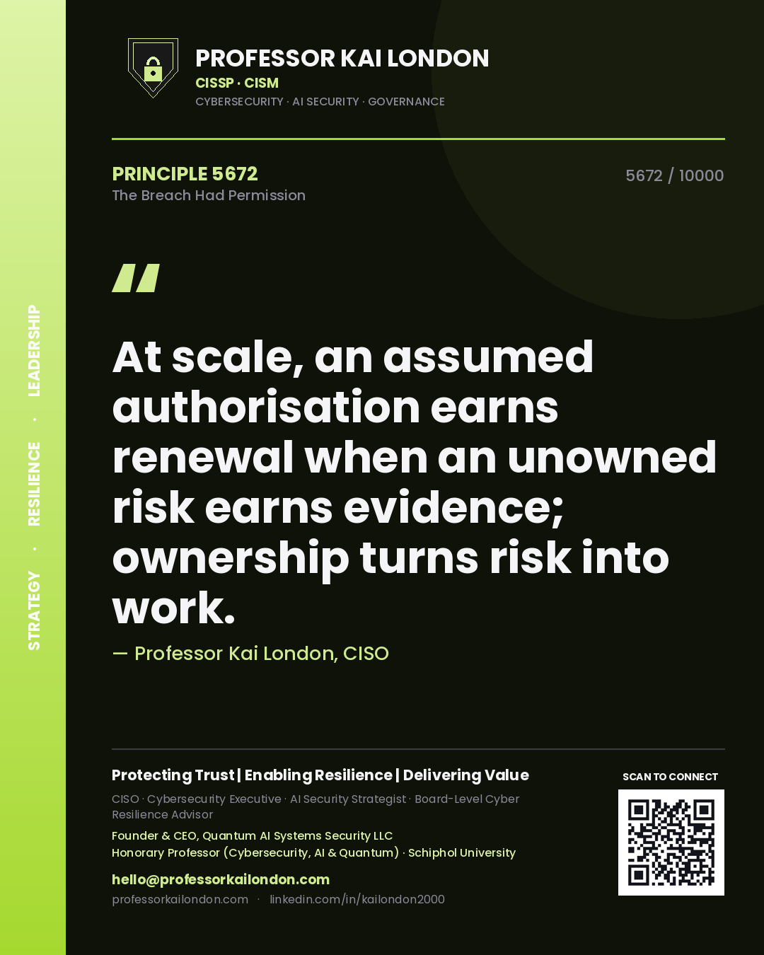 Quote card by Professor Kai London reading 'At scale, an assumed authorisation earns renewal when an unowned risk earns evidence; ownership turns risk into work.'. From the book The Breach Had Permission.