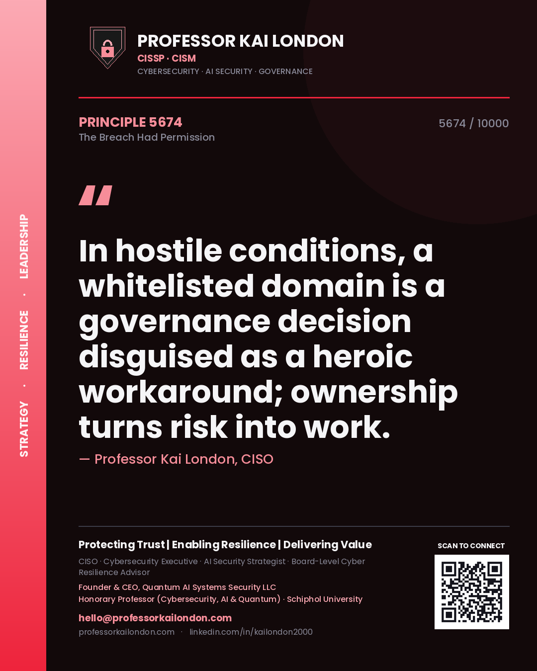 Professor Kai London principle 5674: In hostile conditions, a whitelisted domain is a governance decision disguised as a heroic workaround; ownership turns risk into work.