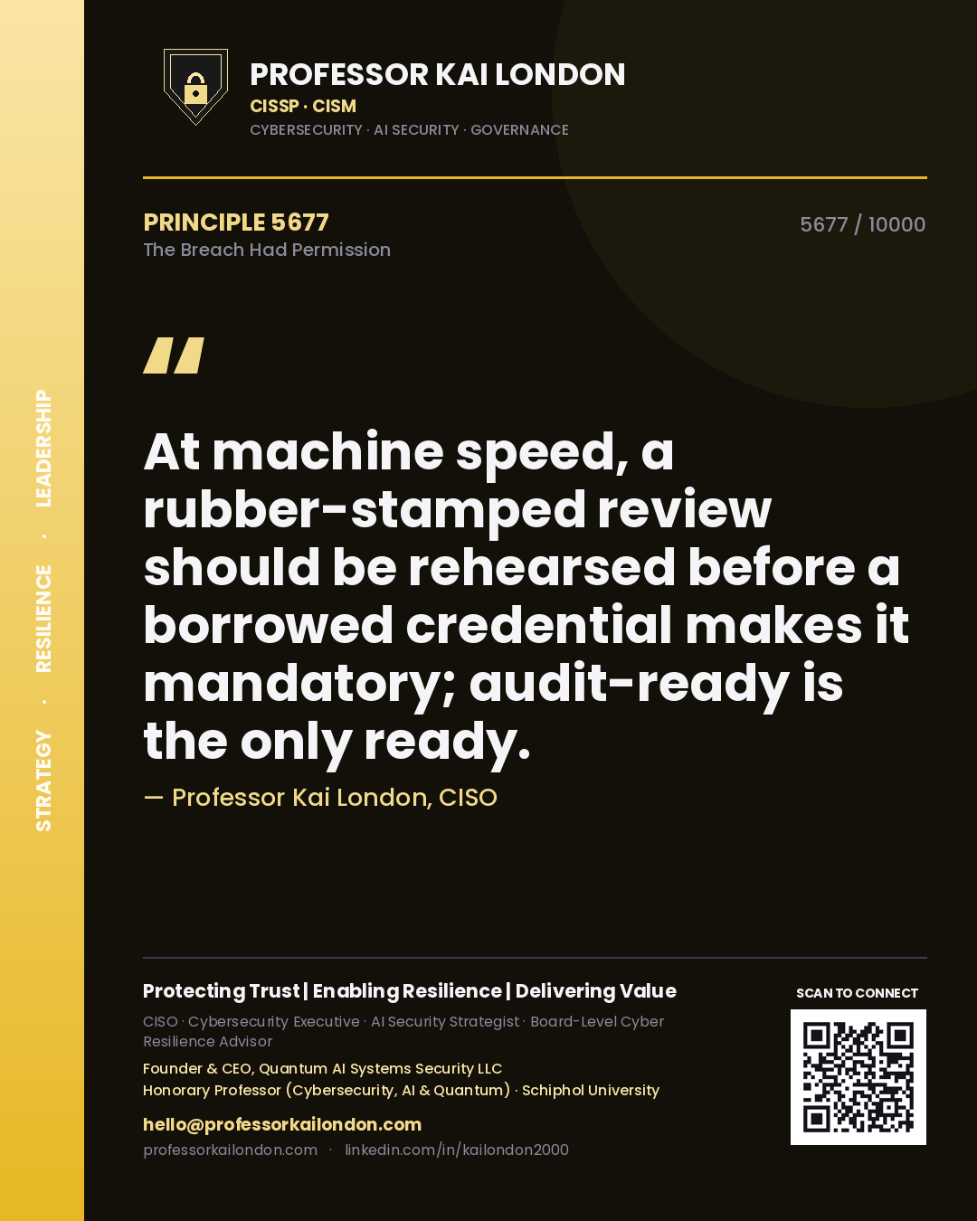 Professor Kai London principle 5677: At machine speed, a rubber-stamped review should be rehearsed before a borrowed credential makes it mandatory; audit-ready is the only ready.