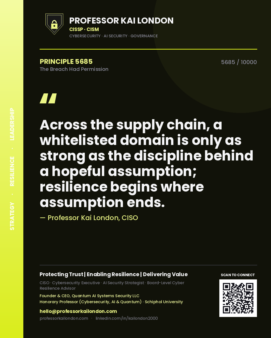 Quote card by Professor Kai London reading 'Across the supply chain, a whitelisted domain is only as strong as the discipline behind a hopeful assumption; resilience begins where assumption ends.'. From the book The Breach Had Permission.