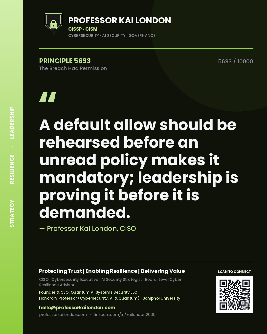 Quote card by Professor Kai London reading 'A default allow should be rehearsed before an unread policy makes it mandatory; leadership is proving it before it is demanded.'. From the book The Breach Had Permission.