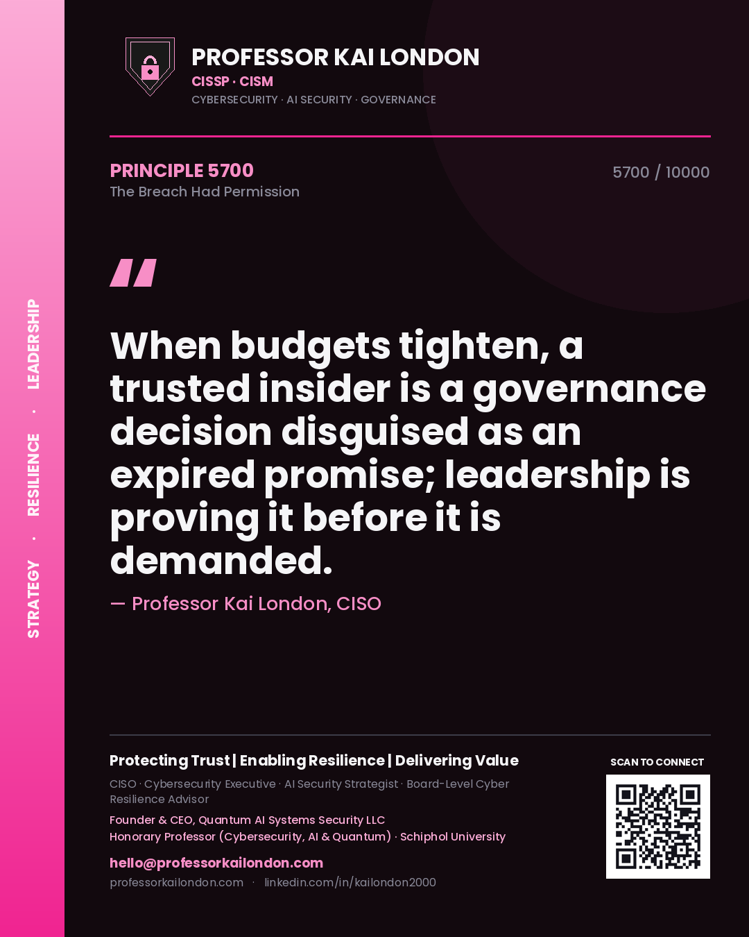 Professor Kai London principle 5700: When budgets tighten, a trusted insider is a governance decision disguised as an expired promise; leadership is proving it before it is demanded.