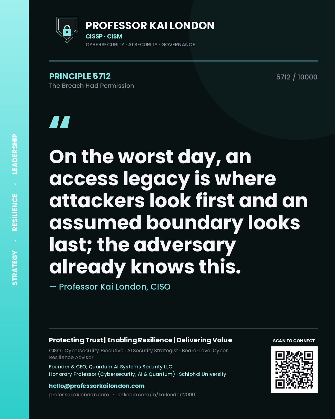 Professor Kai London principle 5712: On the worst day, an access legacy is where attackers look first and an assumed boundary looks last; the adversary already knows this.